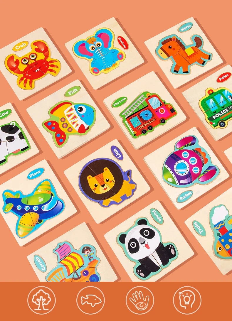 3D Holzpuzzle für Kinder – Cartoon Tier- und Verkehrsmotive, Montessori-Spielzeug, Förderung der Intelligenz, Frühzeitiges Lernen und Pädagogisches Holzspielzeug