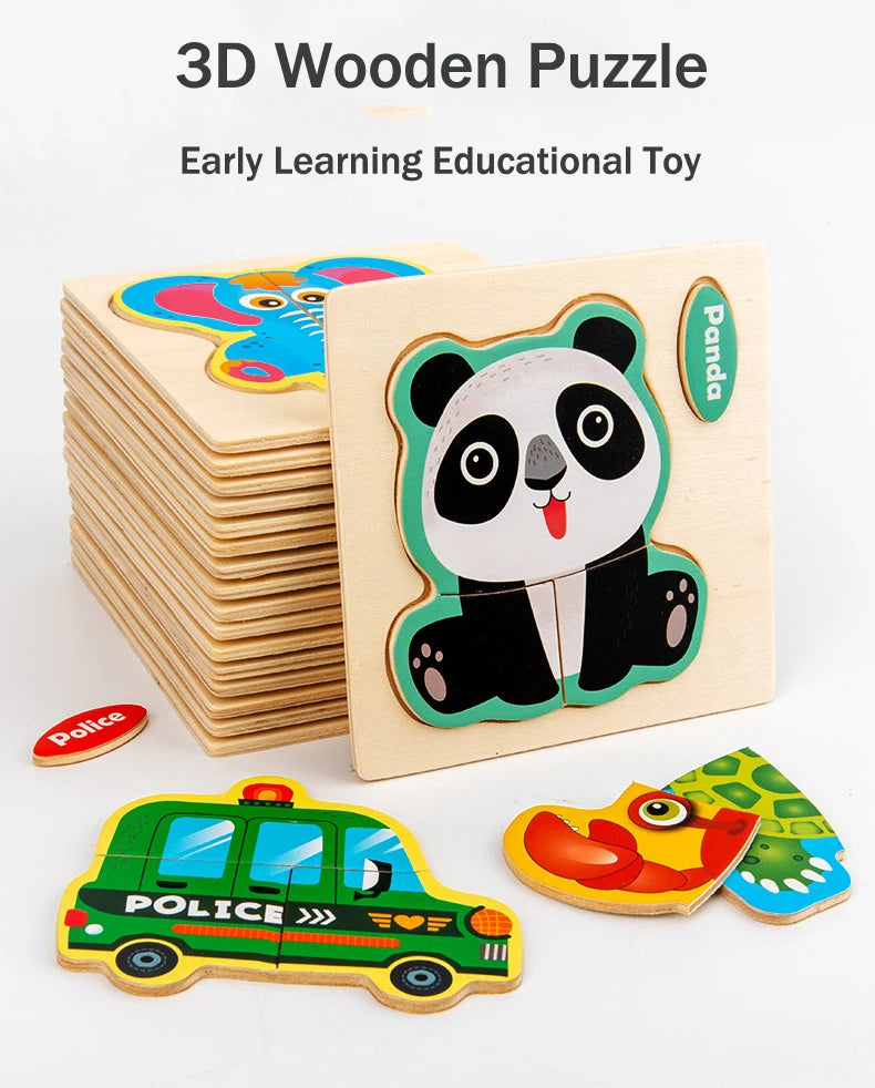 3D Holzpuzzle für Kinder – Cartoon Tier- und Verkehrsmotive, Montessori-Spielzeug, Förderung der Intelligenz, Frühzeitiges Lernen und Pädagogisches Holzspielzeug