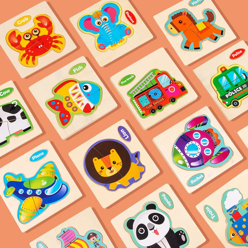 3D Holzpuzzle für Kinder – Cartoon Tier- und Verkehrsmotive, Montessori-Spielzeug, Förderung der Intelligenz, Frühzeitiges Lernen und Pädagogisches Holzspielzeug