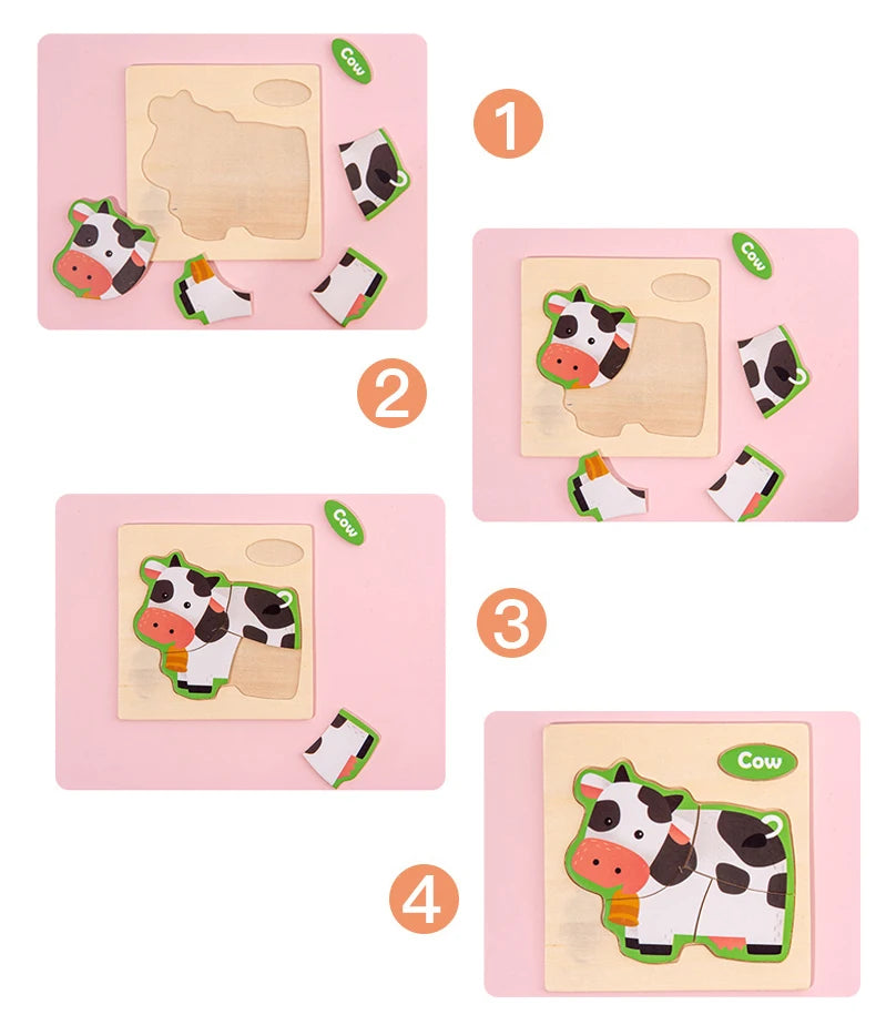 3D Holzpuzzle für Kinder – Cartoon Tier- und Verkehrsmotive, Montessori-Spielzeug, Förderung der Intelligenz, Frühzeitiges Lernen und Pädagogisches Holzspielzeug