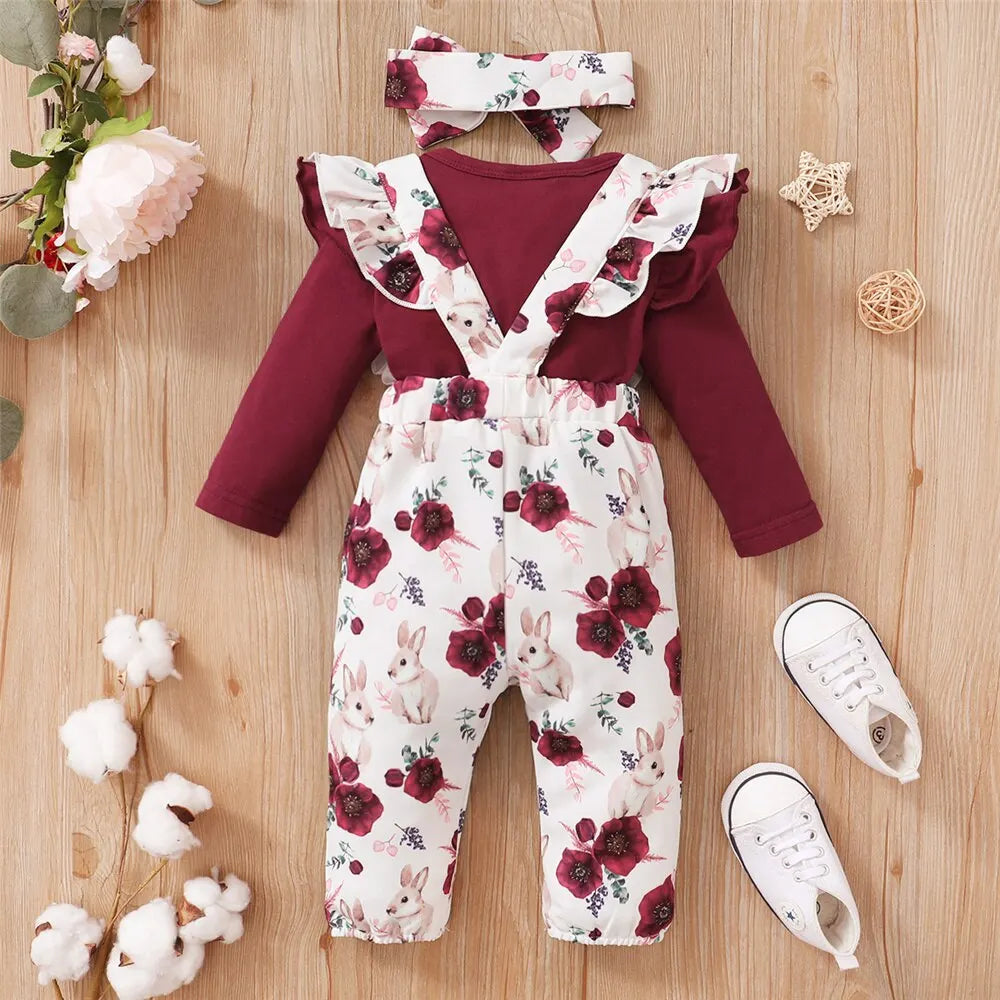 3 teiliges Blumen-Set für Neugeborene – 3-teiliges Outfit mit Strampler & Trägerhose