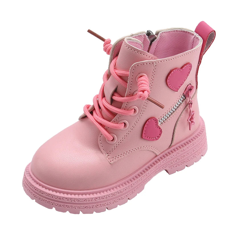Mädchenstiefel, modische Gummistiefel für Kinder, cooles MädcModische Mädchen-Stiefel – Rosa Gummistiefel mit Herz-Designen, Herbst und Winter, Baumwolle, weiche Sohle, Rosa mit Liebe, seitlicher Reißverschluss, Prinzessin, runde Zehenpartie, PU
