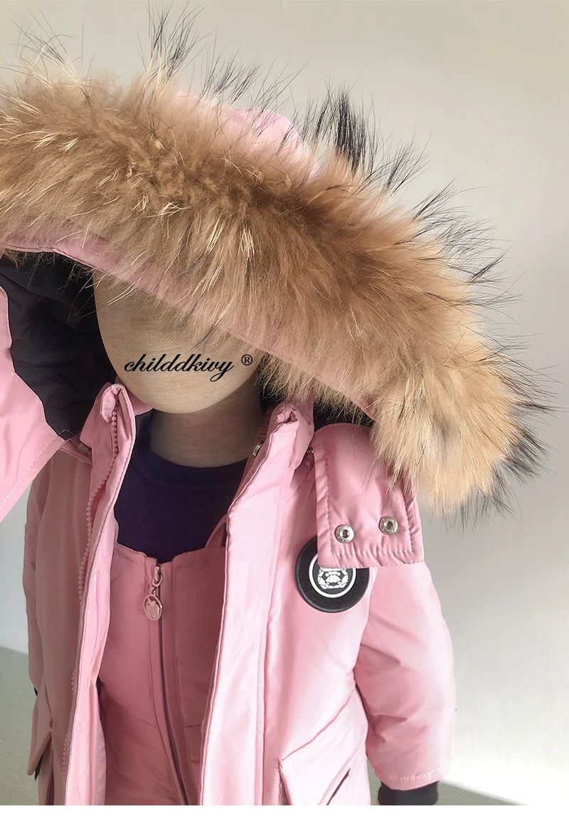 Kinder Daunenanzug für Winter und Herbst – Warmer Schneeanzug mit Pelzkragenlook, Jacke und Mantel für Jungen und Mädchen, Outwear für 1-5 Jahre