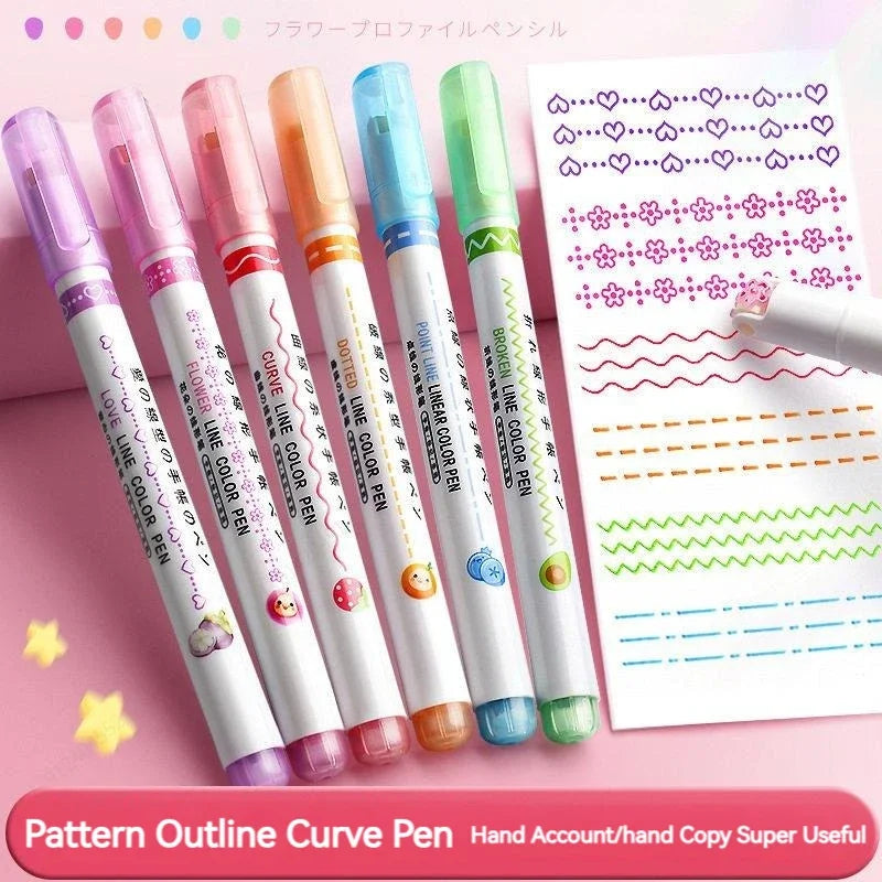 6-teiliges Textmarker- und Marker-Set – Kawaii, Kurven & Linien für Schule, Büro & Geschenk!