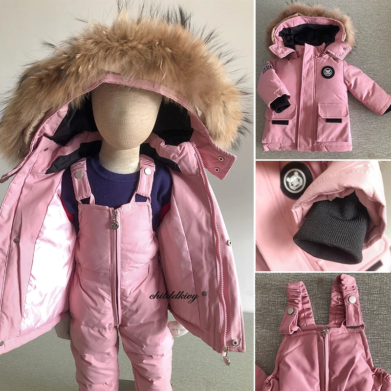 Kinder Daunenanzug für Winter und Herbst – Warmer Schneeanzug mit Pelzkragenlook, Jacke und Mantel für Jungen und Mädchen, Outwear für 1-5 Jahre