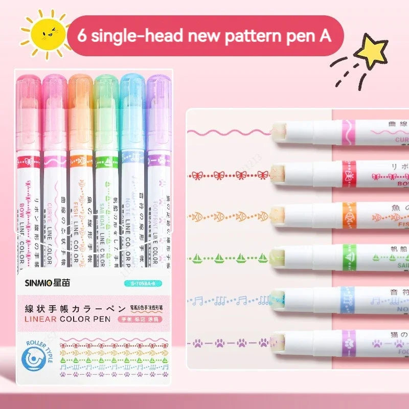 6-teiliges Textmarker- und Marker-Set – Kawaii, Kurven & Linien für Schule, Büro & Geschenk!