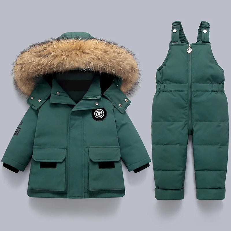 Kinder Daunenanzug für Winter und Herbst – Warmer Schneeanzug mit Pelzkragenlook, Jacke und Mantel für Jungen und Mädchen, Outwear für 1-5 Jahre