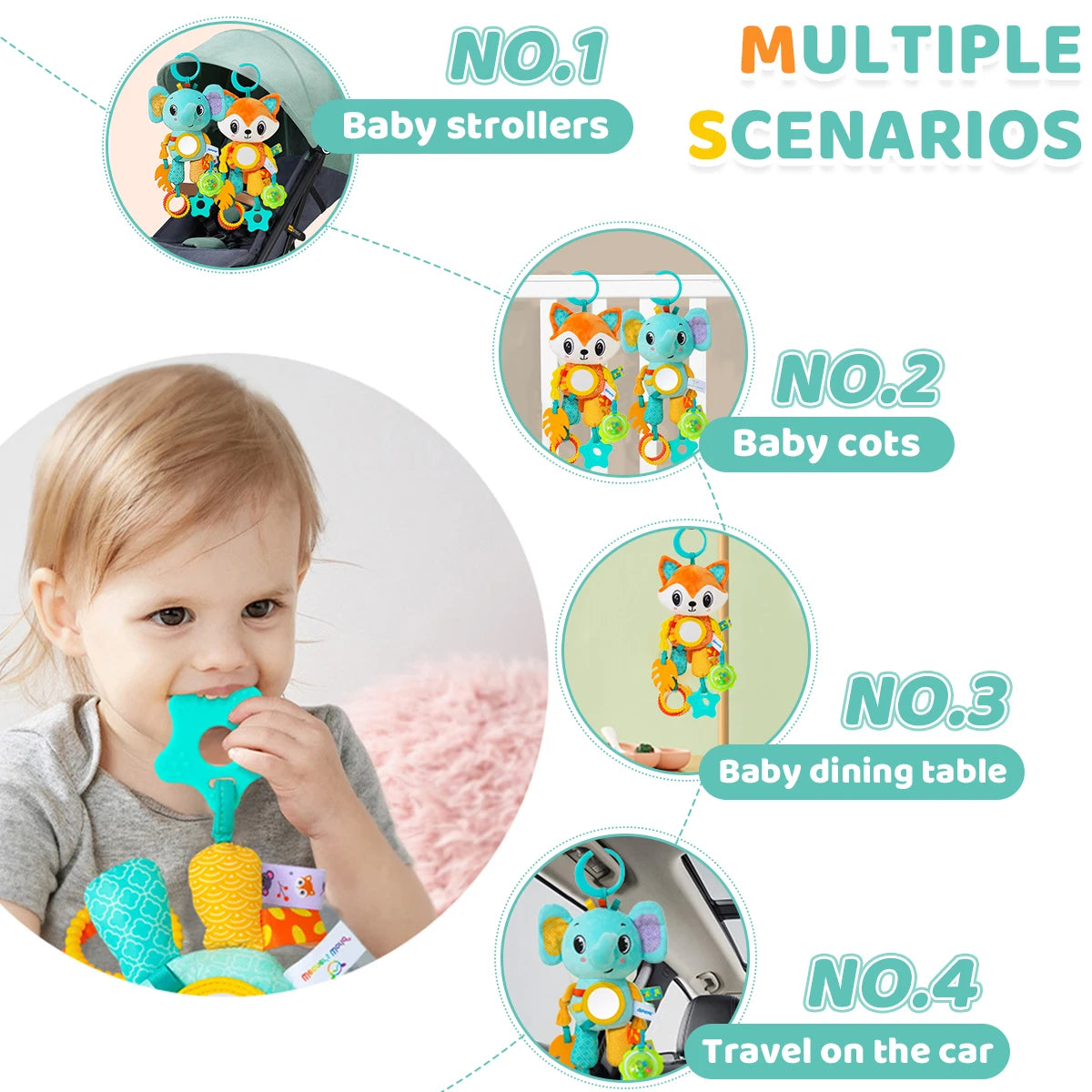 Weiches, hängendes Crinkle–Quietsch- & Beißring-Spielzeug – Der perfekte Begleiter für unterwegs!