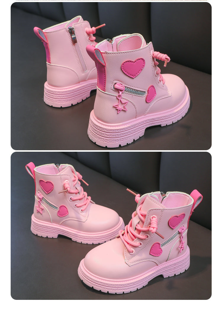Mädchenstiefel, modische Gummistiefel für Kinder, cooles MädcModische Mädchen-Stiefel – Rosa Gummistiefel mit Herz-Designen, Herbst und Winter, Baumwolle, weiche Sohle, Rosa mit Liebe, seitlicher Reißverschluss, Prinzessin, runde Zehenpartie, PU