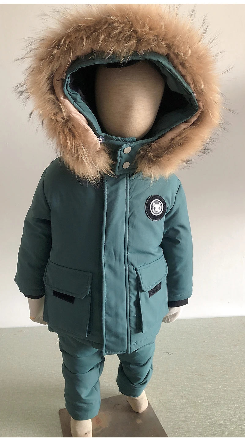 Kinder Daunenanzug für Winter und Herbst – Warmer Schneeanzug mit Pelzkragenlook, Jacke und Mantel für Jungen und Mädchen, Outwear für 1-5 Jahre