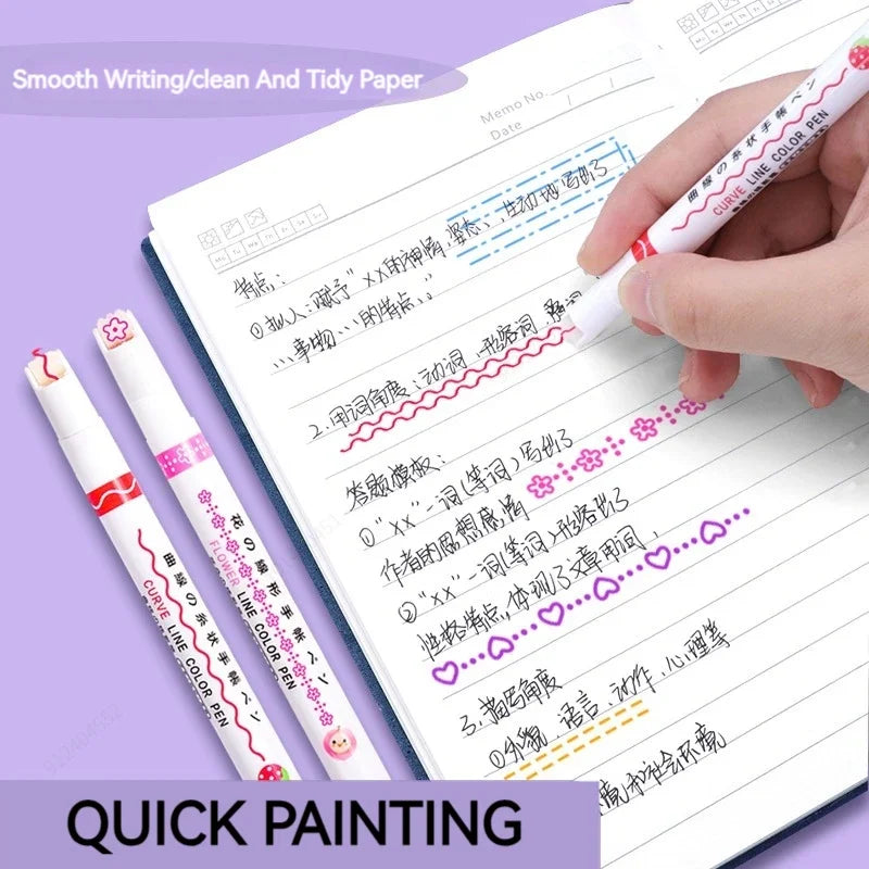6-teiliges Textmarker- und Marker-Set – Kawaii, Kurven & Linien für Schule, Büro & Geschenk!