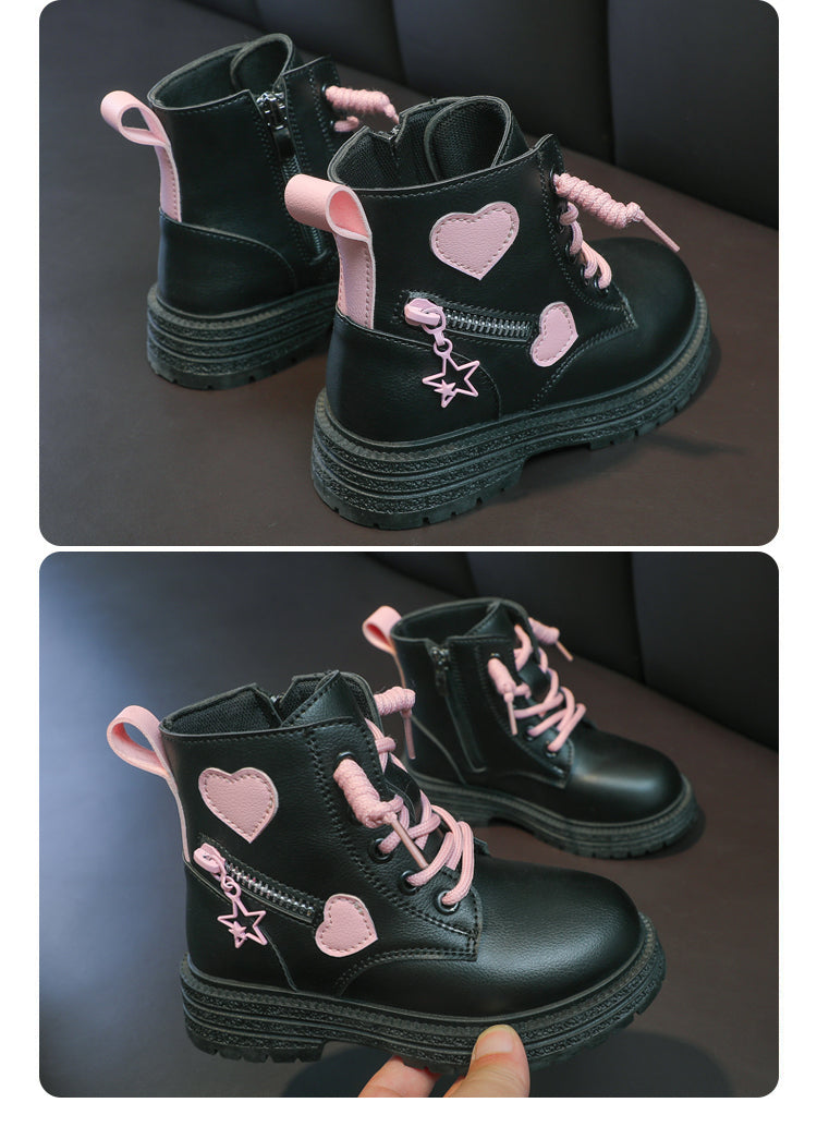 Mädchenstiefel, modische Gummistiefel für Kinder, cooles MädcModische Mädchen-Stiefel – Rosa Gummistiefel mit Herz-Designen, Herbst und Winter, Baumwolle, weiche Sohle, Rosa mit Liebe, seitlicher Reißverschluss, Prinzessin, runde Zehenpartie, PU