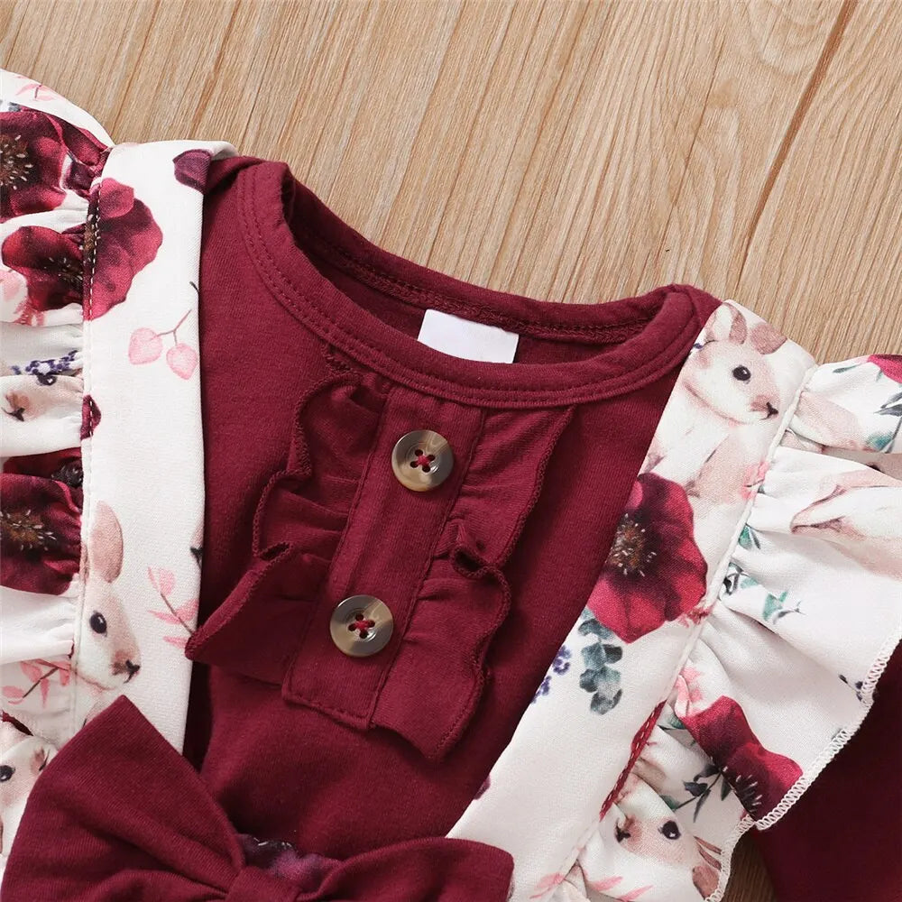 3 teiliges Blumen-Set für Neugeborene – 3-teiliges Outfit mit Strampler & Trägerhose