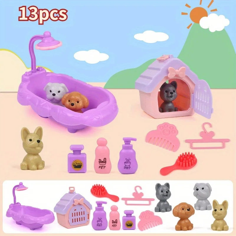 Kinder Hundespielzeug Set mit Korb – Nette Haustier-Puppe für Familien, Hundekäfig, Spielszene, Weihnachts- und Thanksgiving-Geschenke, farblich zufällig