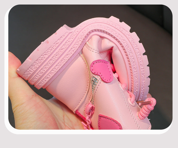 Mädchenstiefel, modische Gummistiefel für Kinder, cooles MädcModische Mädchen-Stiefel – Rosa Gummistiefel mit Herz-Designen, Herbst und Winter, Baumwolle, weiche Sohle, Rosa mit Liebe, seitlicher Reißverschluss, Prinzessin, runde Zehenpartie, PU