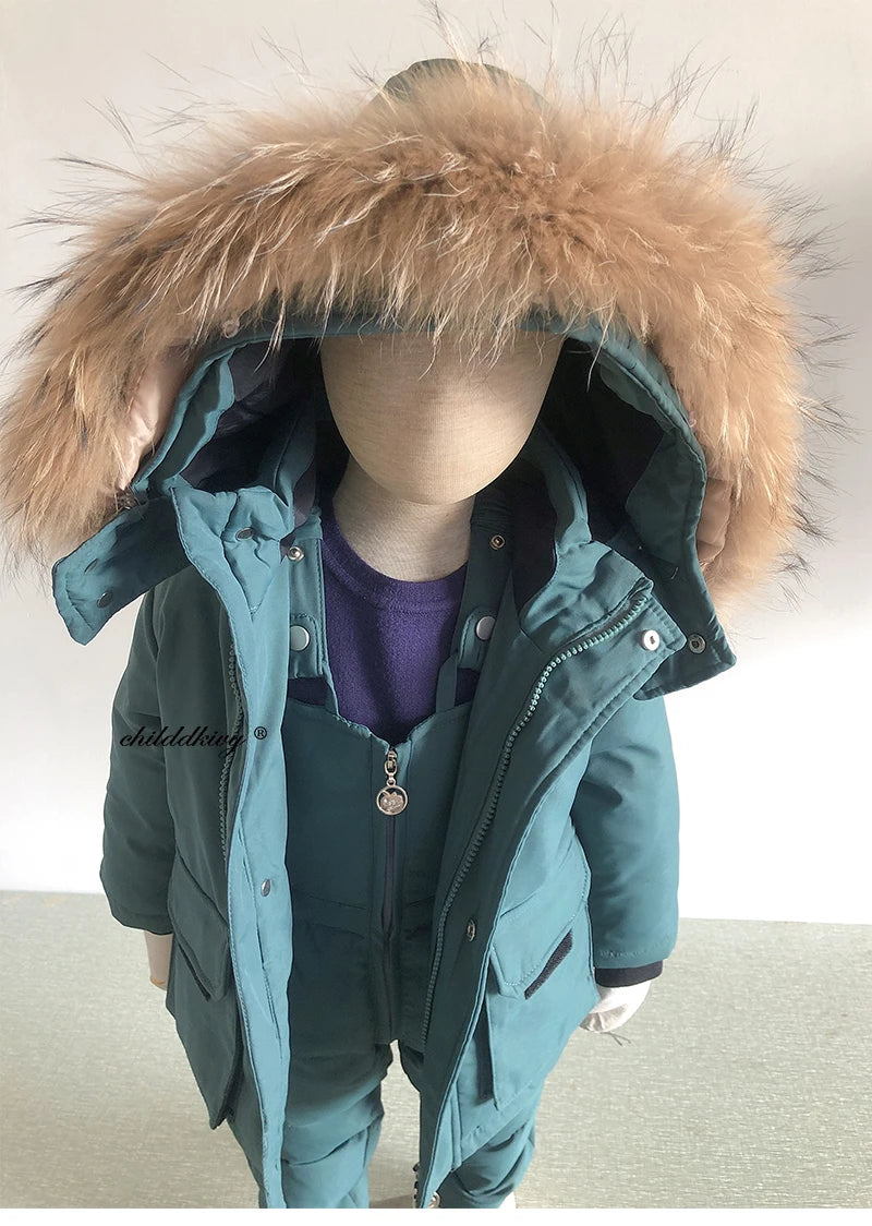 Kinder Daunenanzug für Winter und Herbst – Warmer Schneeanzug mit Pelzkragenlook, Jacke und Mantel für Jungen und Mädchen, Outwear für 1-5 Jahre