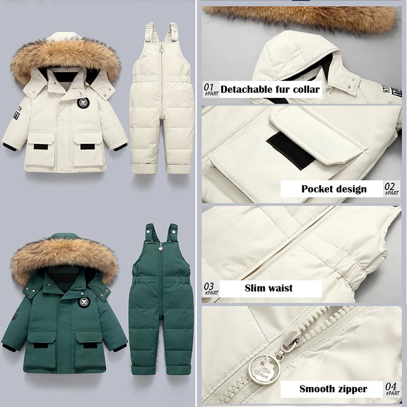 Kinder Daunenanzug für Winter und Herbst – Warmer Schneeanzug mit Pelzkragenlook, Jacke und Mantel für Jungen und Mädchen, Outwear für 1-5 Jahre