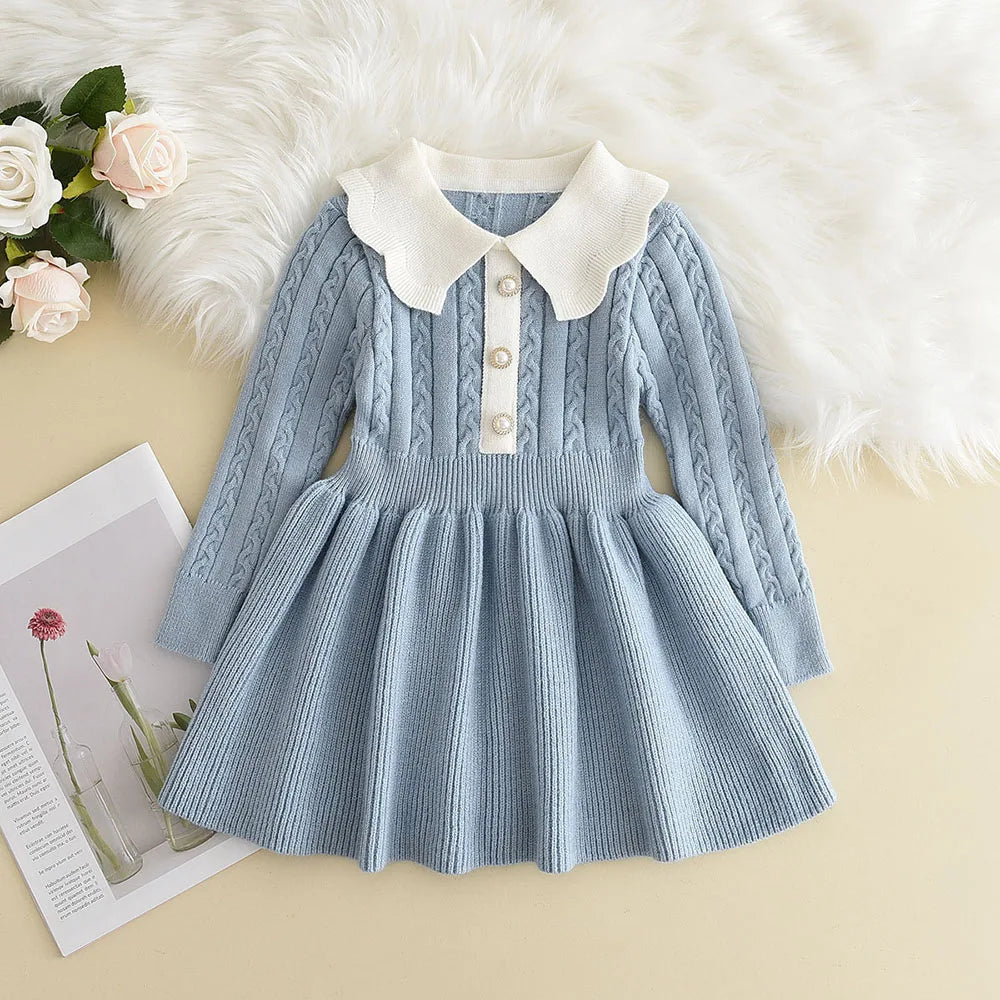 Strick-Prinzessinnen-Kleid für Mädchen – Langarm-Pulloverkleid mit Rüschen und Blumen