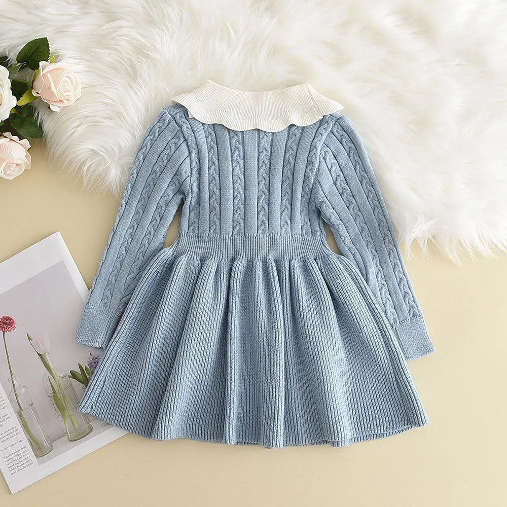 Strick-Prinzessinnen-Kleid für Mädchen – Langarm-Pulloverkleid mit Rüschen und Blumen