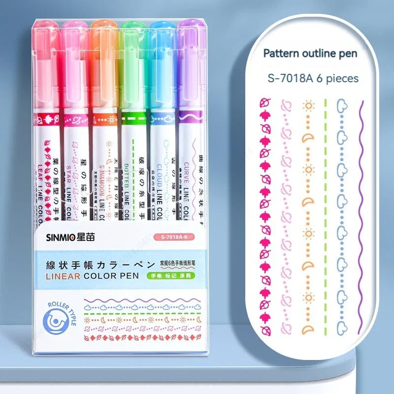 6-teiliges Textmarker- und Marker-Set – Kawaii, Kurven & Linien für Schule, Büro & Geschenk!