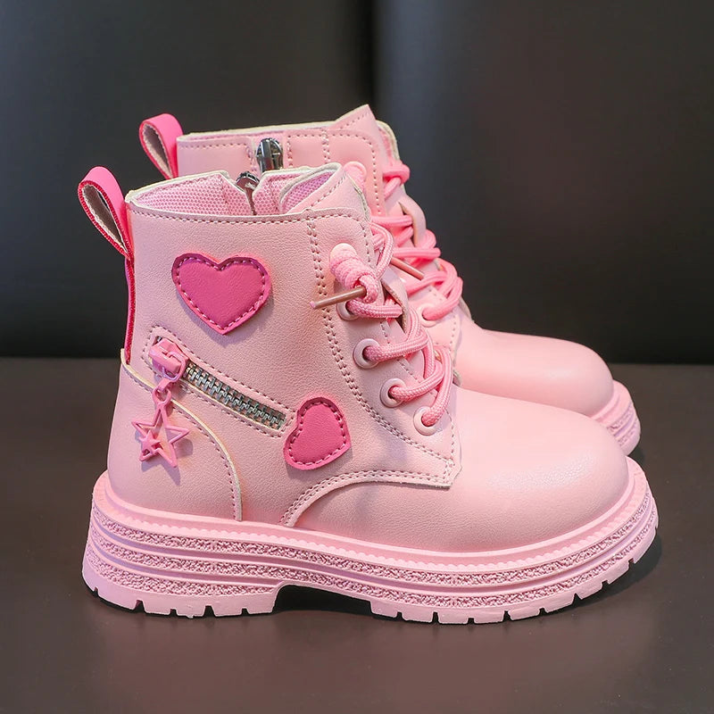 Mädchenstiefel, modische Gummistiefel für Kinder, cooles MädcModische Mädchen-Stiefel – Rosa Gummistiefel mit Herz-Designen, Herbst und Winter, Baumwolle, weiche Sohle, Rosa mit Liebe, seitlicher Reißverschluss, Prinzessin, runde Zehenpartie, PU