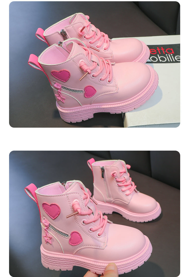 Mädchenstiefel, modische Gummistiefel für Kinder, cooles MädcModische Mädchen-Stiefel – Rosa Gummistiefel mit Herz-Designen, Herbst und Winter, Baumwolle, weiche Sohle, Rosa mit Liebe, seitlicher Reißverschluss, Prinzessin, runde Zehenpartie, PU