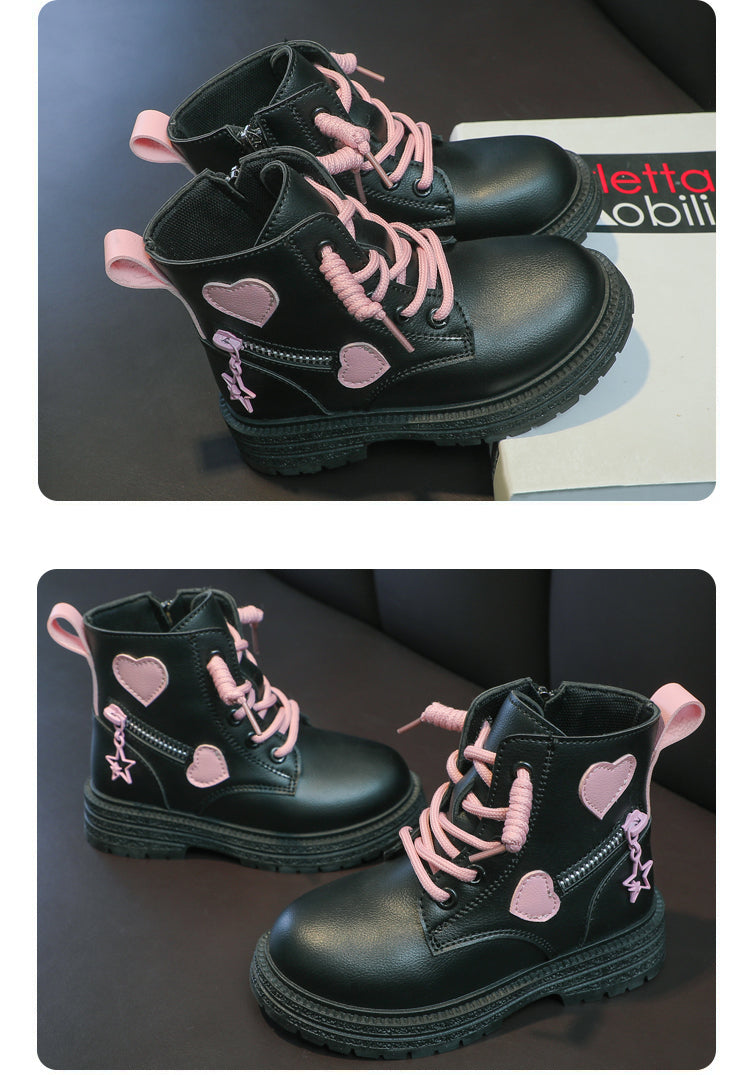 Mädchenstiefel, modische Gummistiefel für Kinder, cooles MädcModische Mädchen-Stiefel – Rosa Gummistiefel mit Herz-Designen, Herbst und Winter, Baumwolle, weiche Sohle, Rosa mit Liebe, seitlicher Reißverschluss, Prinzessin, runde Zehenpartie, PU