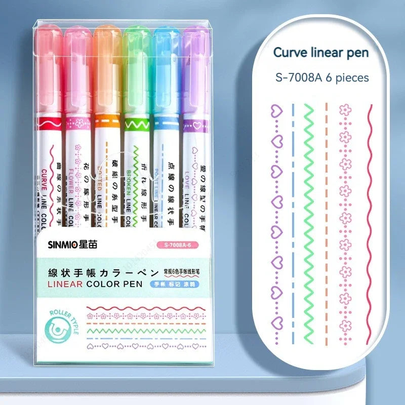 6-teiliges Textmarker- und Marker-Set – Kawaii, Kurven & Linien für Schule, Büro & Geschenk!
