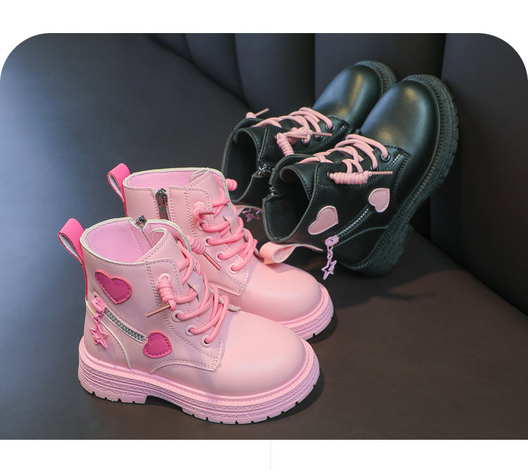Mädchenstiefel, modische Gummistiefel für Kinder, cooles MädcModische Mädchen-Stiefel – Rosa Gummistiefel mit Herz-Designen, Herbst und Winter, Baumwolle, weiche Sohle, Rosa mit Liebe, seitlicher Reißverschluss, Prinzessin, runde Zehenpartie, PU