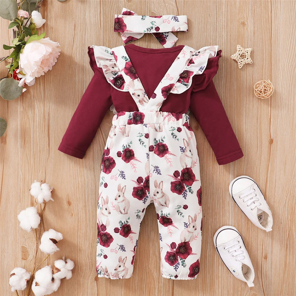 3 teiliges Blumen-Set für Neugeborene – 3-teiliges Outfit mit Strampler & Trägerhose