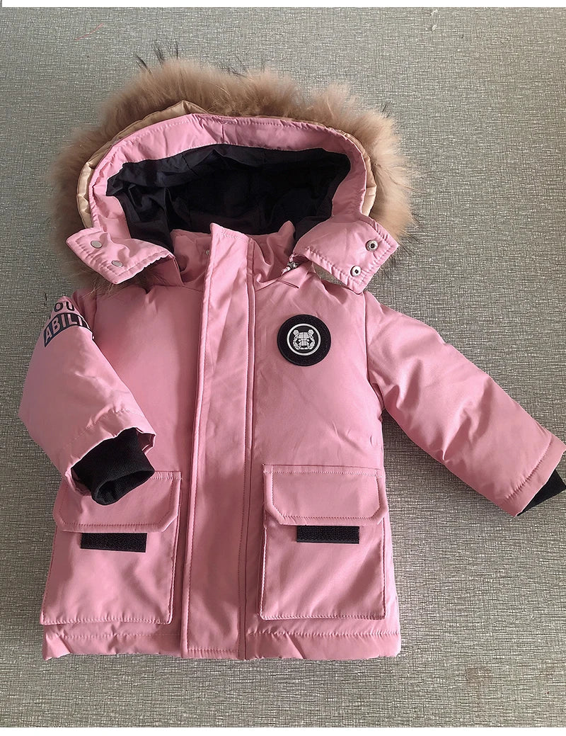 Kinder Daunenanzug für Winter und Herbst – Warmer Schneeanzug mit Pelzkragenlook, Jacke und Mantel für Jungen und Mädchen, Outwear für 1-5 Jahre