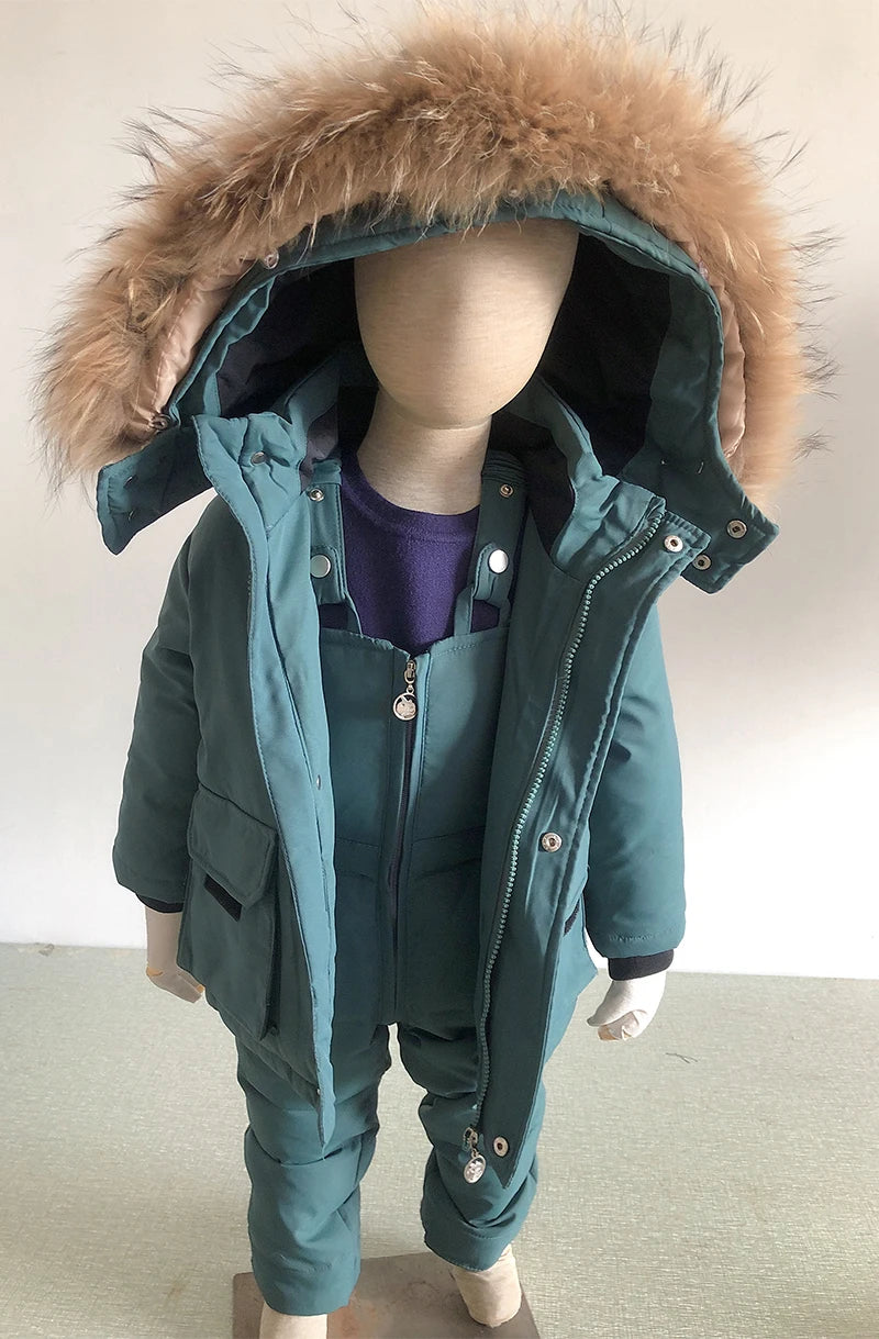 Kinder Daunenanzug für Winter und Herbst – Warmer Schneeanzug mit Pelzkragenlook, Jacke und Mantel für Jungen und Mädchen, Outwear für 1-5 Jahre