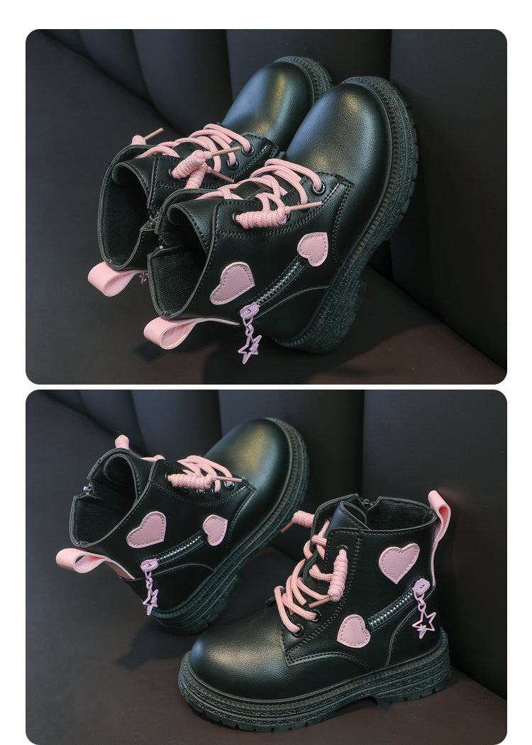Mädchenstiefel, modische Gummistiefel für Kinder, cooles MädcModische Mädchen-Stiefel – Rosa Gummistiefel mit Herz-Designen, Herbst und Winter, Baumwolle, weiche Sohle, Rosa mit Liebe, seitlicher Reißverschluss, Prinzessin, runde Zehenpartie, PU