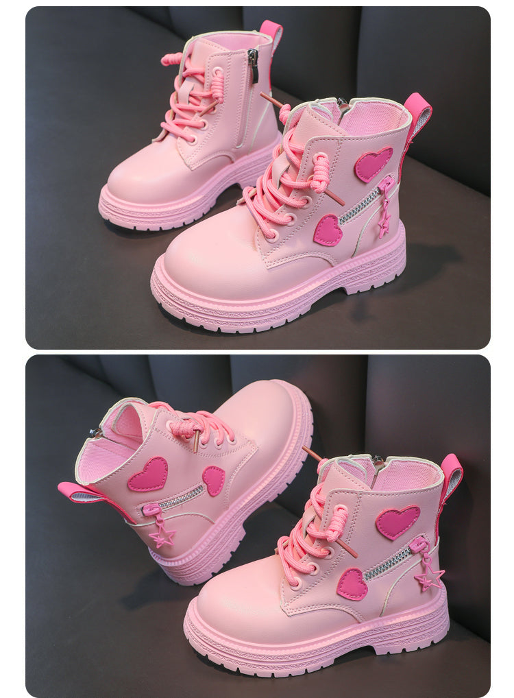 Mädchenstiefel, modische Gummistiefel für Kinder, cooles MädcModische Mädchen-Stiefel – Rosa Gummistiefel mit Herz-Designen, Herbst und Winter, Baumwolle, weiche Sohle, Rosa mit Liebe, seitlicher Reißverschluss, Prinzessin, runde Zehenpartie, PU
