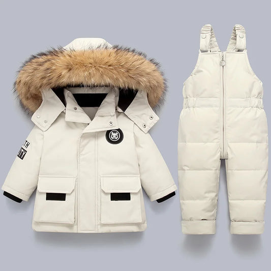 Kinder Daunenanzug für Winter und Herbst – Warmer Schneeanzug mit Pelzkragenlook, Jacke und Mantel für Jungen und Mädchen, Outwear für 1-5 Jahre