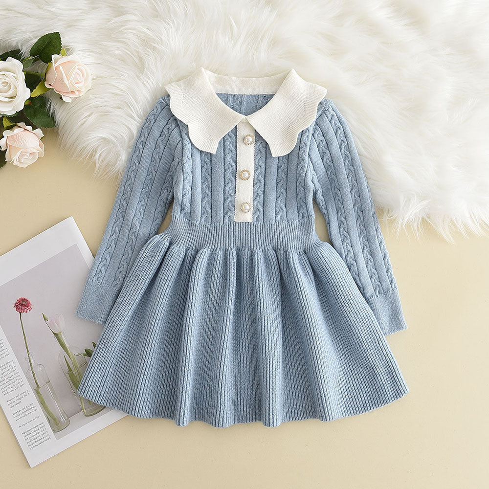 Strick-Prinzessinnen-Kleid für Mädchen – Langarm-Pulloverkleid mit Rüschen und Blumen