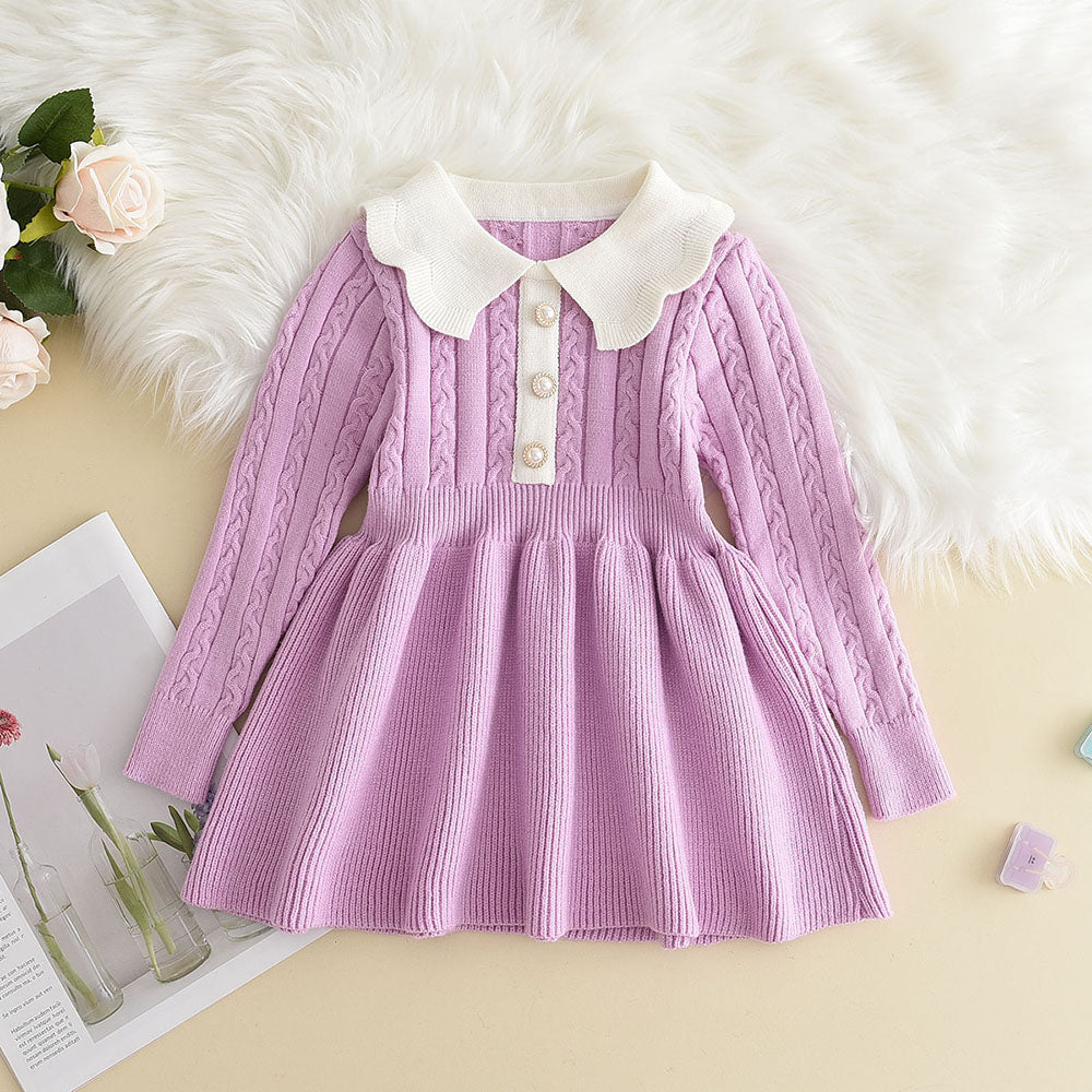 Strick-Prinzessinnen-Kleid für Mädchen – Langarm-Pulloverkleid mit Rüschen und Blumen