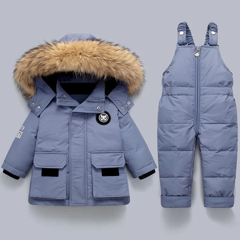 Kinder Daunenanzug für Winter und Herbst – Warmer Schneeanzug mit Pelzkragenlook, Jacke und Mantel für Jungen und Mädchen, Outwear für 1-5 Jahre