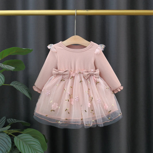 Prinzessinnen-Kleid für Mädchen – Gestricktes Kleid mit Blumen und Puffärmeln