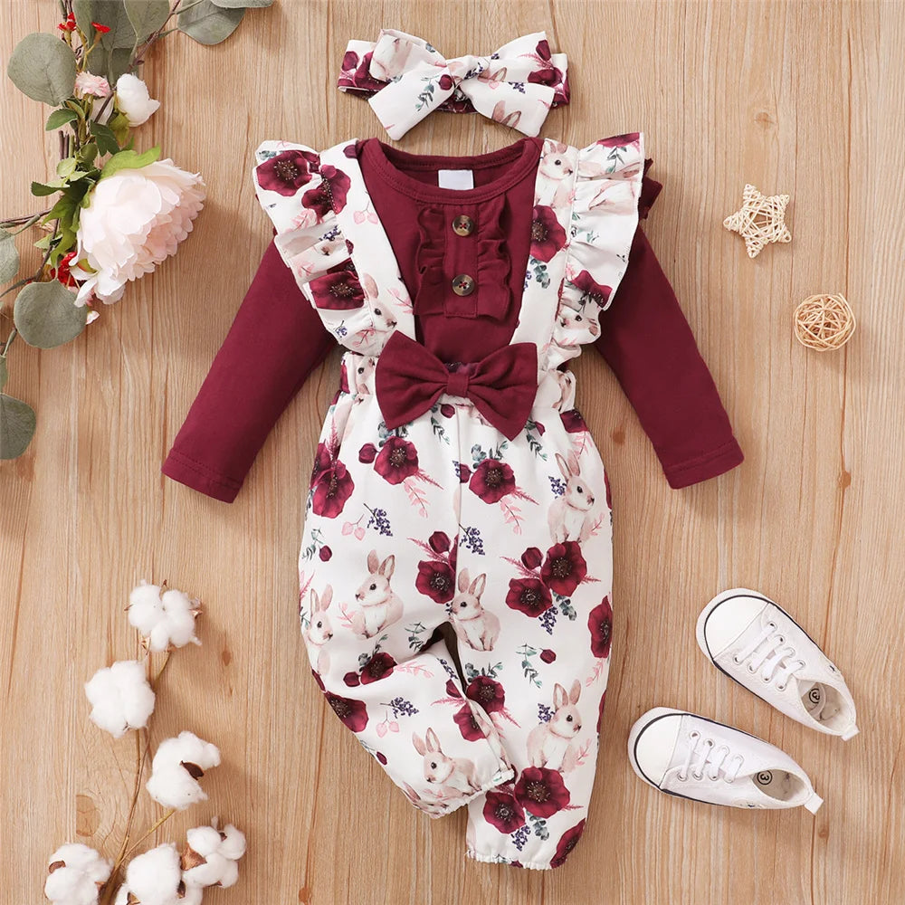3 teiliges Blumen-Set für Neugeborene – 3-teiliges Outfit mit Strampler & Trägerhose
