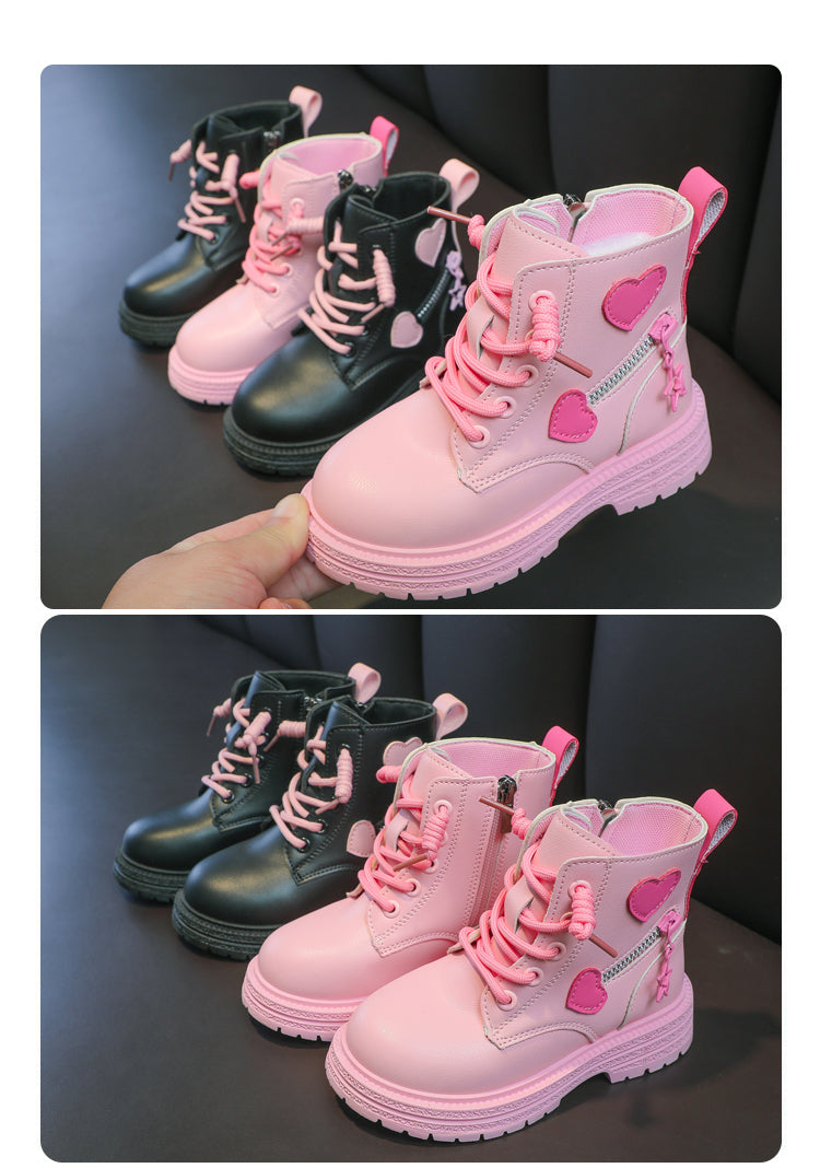 Mädchenstiefel, modische Gummistiefel für Kinder, cooles MädcModische Mädchen-Stiefel – Rosa Gummistiefel mit Herz-Designen, Herbst und Winter, Baumwolle, weiche Sohle, Rosa mit Liebe, seitlicher Reißverschluss, Prinzessin, runde Zehenpartie, PU