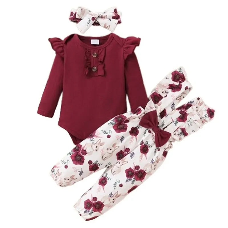 3 teiliges Blumen-Set für Neugeborene – 3-teiliges Outfit mit Strampler & Trägerhose