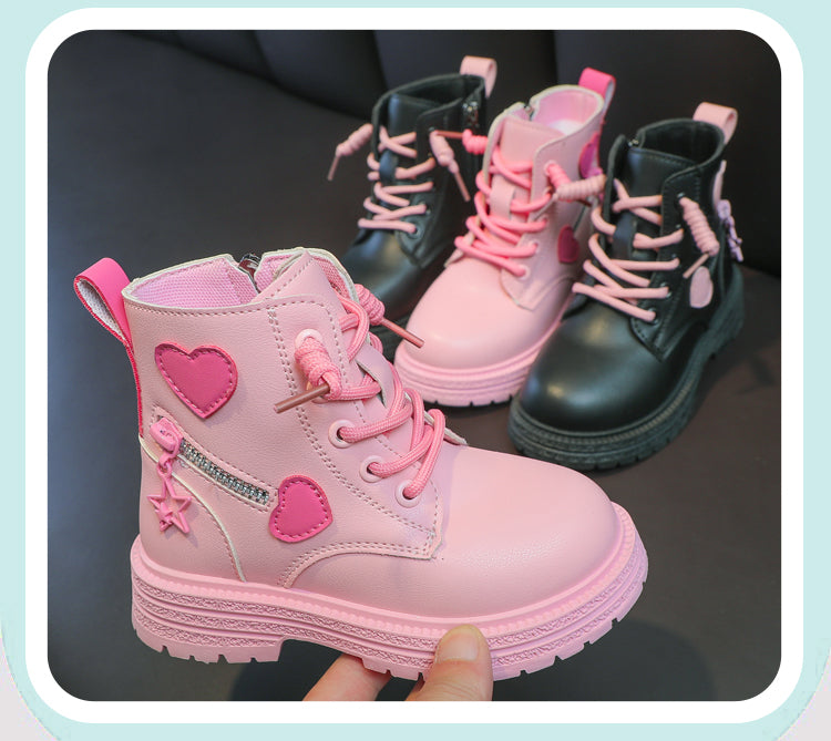 Mädchenstiefel, modische Gummistiefel für Kinder, cooles MädcModische Mädchen-Stiefel – Rosa Gummistiefel mit Herz-Designen, Herbst und Winter, Baumwolle, weiche Sohle, Rosa mit Liebe, seitlicher Reißverschluss, Prinzessin, runde Zehenpartie, PU