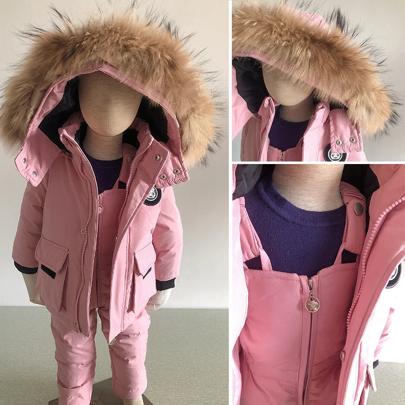 Kinder Daunenanzug für Winter und Herbst – Warmer Schneeanzug mit Pelzkragenlook, Jacke und Mantel für Jungen und Mädchen, Outwear für 1-5 Jahre