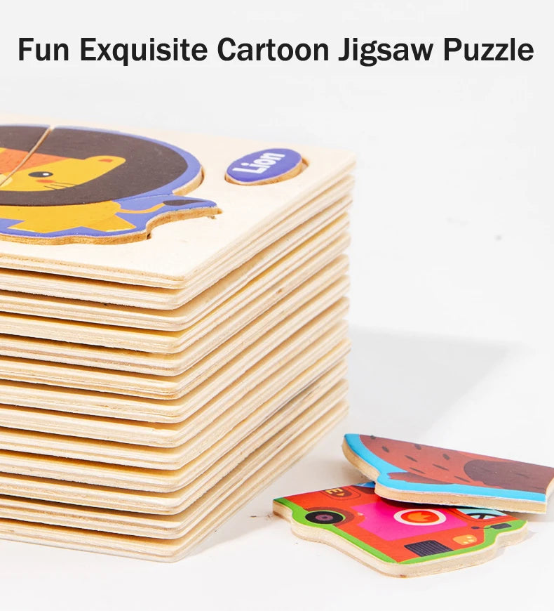 3D Holzpuzzle für Kinder – Cartoon Tier- und Verkehrsmotive, Montessori-Spielzeug, Förderung der Intelligenz, Frühzeitiges Lernen und Pädagogisches Holzspielzeug