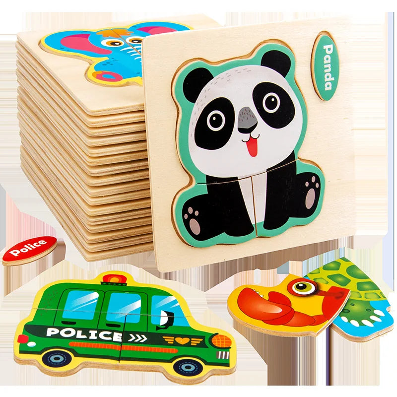 3D Holzpuzzle für Kinder – Cartoon Tier- und Verkehrsmotive, Montessori-Spielzeug, Förderung der Intelligenz, Frühzeitiges Lernen und Pädagogisches Holzspielzeug