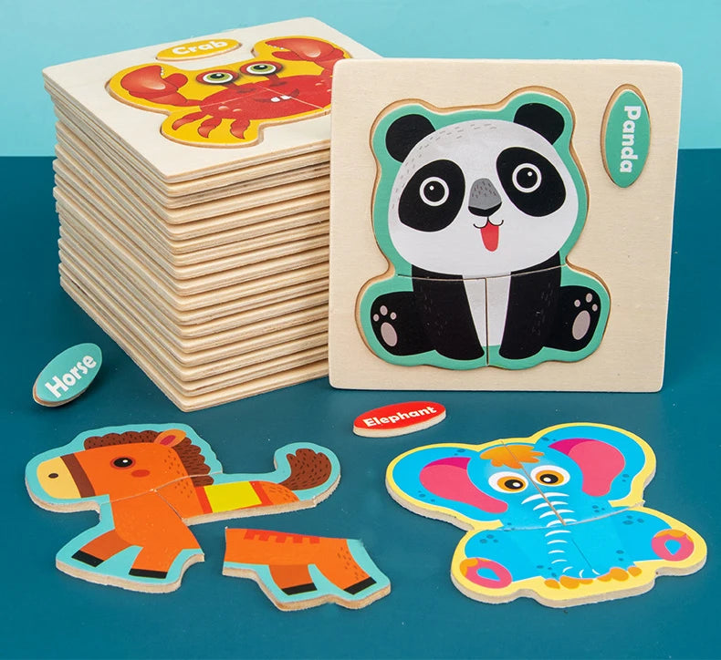 3D Holzpuzzle für Kinder – Cartoon Tier- und Verkehrsmotive, Montessori-Spielzeug, Förderung der Intelligenz, Frühzeitiges Lernen und Pädagogisches Holzspielzeug
