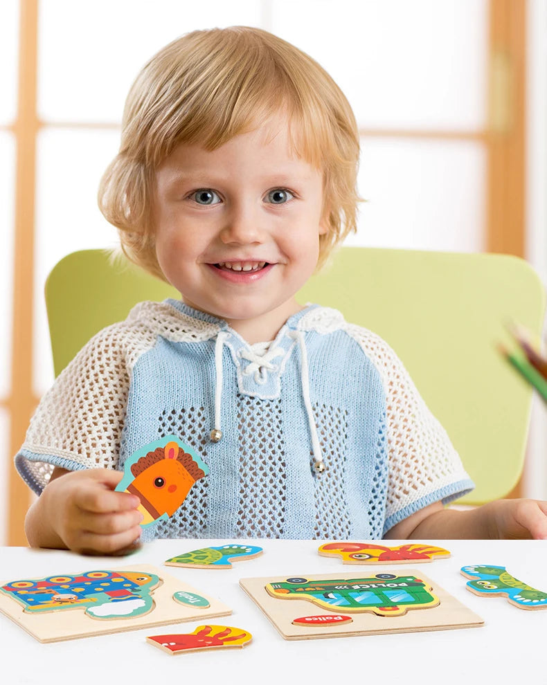 3D Holzpuzzle für Kinder – Cartoon Tier- und Verkehrsmotive, Montessori-Spielzeug, Förderung der Intelligenz, Frühzeitiges Lernen und Pädagogisches Holzspielzeug