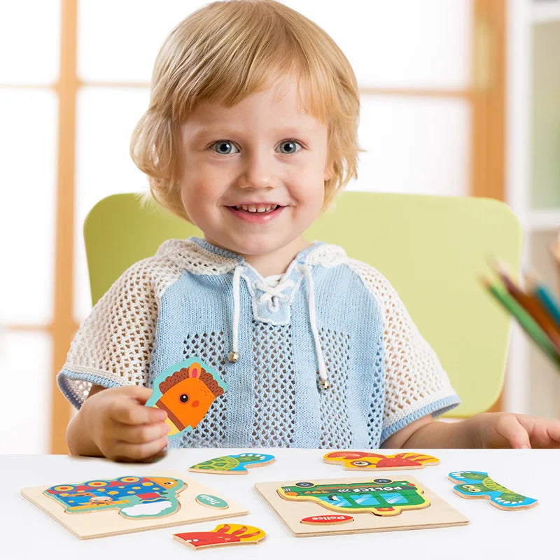 3D Holzpuzzle für Kinder – Cartoon Tier- und Verkehrsmotive, Montessori-Spielzeug, Förderung der Intelligenz, Frühzeitiges Lernen und Pädagogisches Holzspielzeug