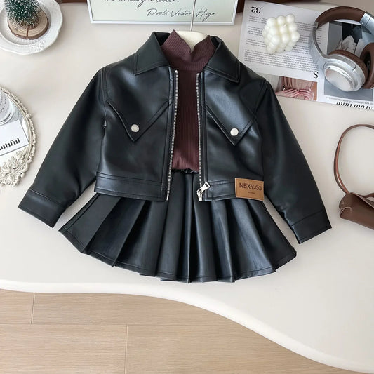 Zweiteiliges Set für Mädchen, hübsches Revers, solides Lederoberteil + Faltenrock aus massivem Leder, Kinderkleidung, Kleinkind-Mädchen-Kleidung
